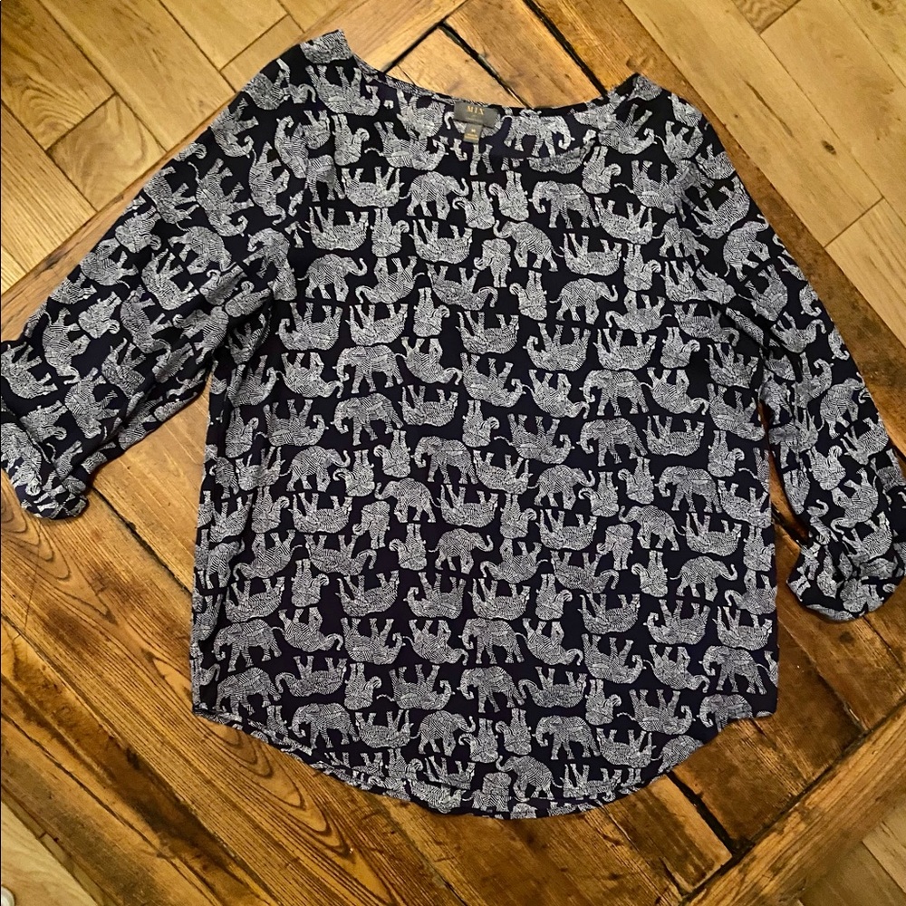 Elephant print blouse, navy & white, size medium